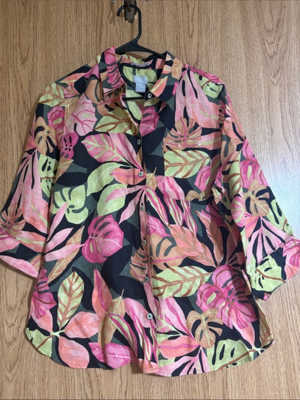 Chico's Tropical Leaf Button-Down Shirt - Pink, Green, Black